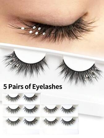 5对钻石假睫毛，夏季派对假睫毛，迷人婚礼假睫毛，可重复使用