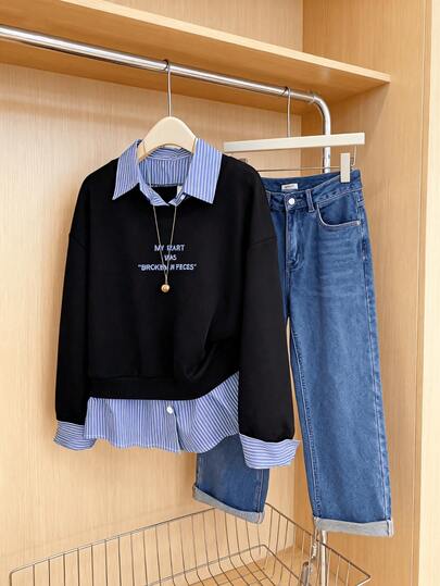 Sweatshirt à rayures patchwork avec slogan brodé LOVE JOYY