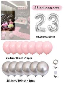 549/28pcs Pink & Silver 16 Inch Birthday Banner Balloon Set, Includes Silver Heart Balloons, Pink Petals And 10 Inch Latex Balloons, Ideal For Birthday Party, Girlfriend's Birthday Gift, Wedding Decoration, Valentine's Day, Anniversary And Party Decor - Multicolor - View 9