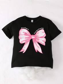 2pcs/Set Tween Girls Bow Print Round Neck Short Sleeve T-Shirt & Pleated Skirt Set, Spring/Summer - Multicolor - View 3