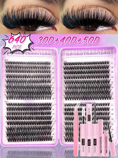 XISHIYO 640pcs Eyelash Cluster Eyelash Set, D-Curl Curling Style DIY Eyelash Curler Set, Mixed Length Natural Eyelash Extension Set, Individual Long False Eyelashes, Wet Eyelashes DIY Home False Eyelash Kit, Includes Eyelash Glue And Remover, Tweezers, Facial False Eyelashes, Individual False Eyelashes