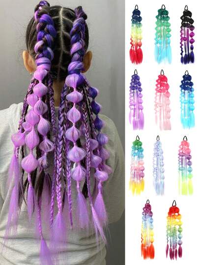 1条长款黑色紫色粉色蓝色绿色黄色多色编织马尾辫+泡泡马尾辫接发，Y2K风格马尾辫，预拉伸马尾辫发饰，22英寸环绕式马尾辫，蓬松非洲马尾辫造型接发，卷曲编织直发纹理发带马尾辫，适合音乐节和圣诞派对等场合佩戴。