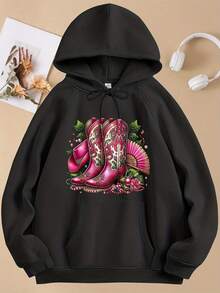 Pink Cowboy Boots Western Floral Design Women's Hoodie Sweatshirt Set Casual Autumn Winter Outfit Country Style Fashion Gift For Her - 黑色 - 查看 2