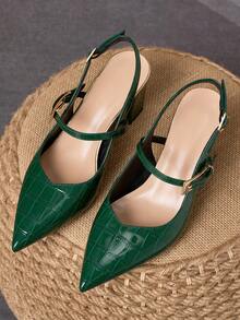 WHDXY Sepatu hak tinggi wanita elegan berwarna hijau dengan motif timbul, tebal, dan ujung runcing. Desain bertali yang nyaman, cocok untuk pesta/acara malam. - Hijau - View 5