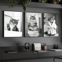 1/3pcs Modern Minimalist Abstract Art Prints, Black & White Cat Brushing Teeth, Using Toilet, Wearing Bathrobe Canvas Poster, Suitable For Bedroom, Living Room, Bathroom, Kitchen, Office Decor, Framed/Unframed Wall Art - Multicolor - View 3