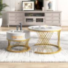 2-In-1 Round MDF Coffee Table, Side Table With Wood Top And Plastic Rattan Drawers, Solid Wood Handles, Gold Iron Legs. 70*70*45.5+50*50*38.5 - White + MDF - View 2