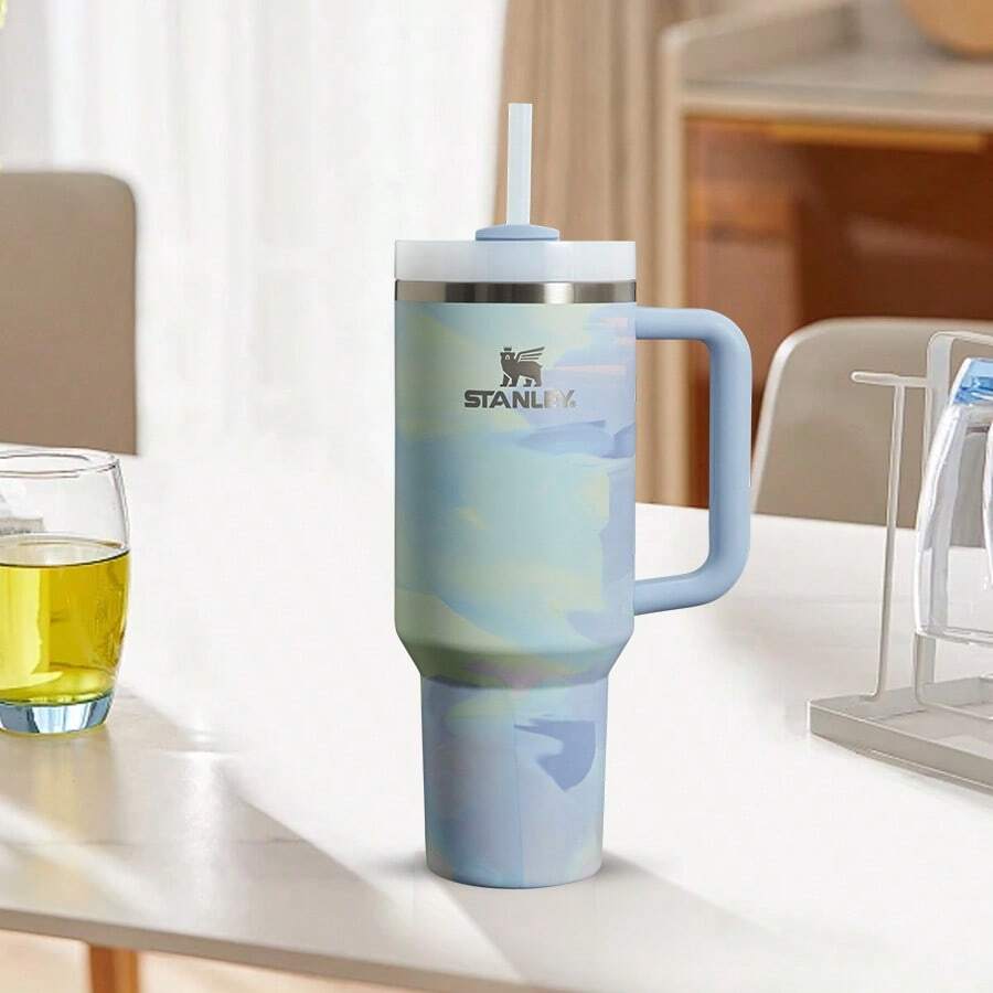 Compatible With Stanley 40 Oz H2.0 Tumbler With Handle, Double Walled Vacuum Insulated Stainless Steel Water Bottle Premium Summer Drinkware Portable Handy Flask Travel Mug Iced Coffee Cup For Outdoor Camping, Hiking, Driving, Travel, Perfect Gift Idea - Maca xanh - Xem 1