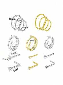 15 pezzi Anelli per il naso in oro 20g, set di piercing per il naso per donne e uomini, ipoallergenici in acciaio inossidabile per elice, cartilagine, daith, tragus, orecchini a cerchio, forma a L/a vite/diritti per piercing al corpo reale - Piercing al naso - Visualizzare 16
