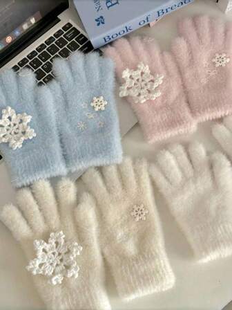 Autumn/Winter Snowflake Star Knit Gloves, Cute Plush Student Fingerless Faux Cashmere Warm Parent-Child Cycling Gloves