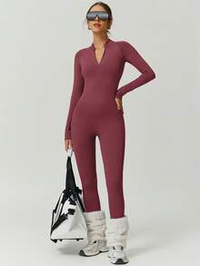 NcmRyu 1 Stück Damen nahtloser, thermisch gefütterter, schlankmachender, modischer, einfarbiger Stehkragen-Jumpsuit mit Reißverschluss, formend, hebend, für Outdoor-Fitness, Workout, Laufen, Yoga