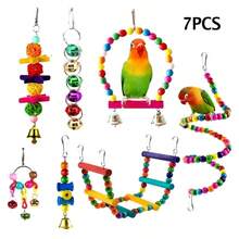 Combination Bird Toys Set Swing Chewing Training Toys Small Parrot Hanging Hammock Parrot Cage Bell Perch Toys With Ladder Toys(Random Accessory Color)