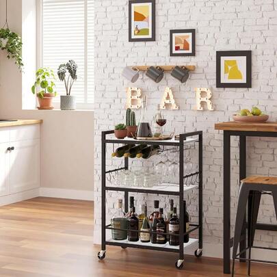 Bar Cart Modern Serving Cart Mobile Kitchen Shelf With Wine Rack Glass Holder And 3 Tiered Shelves Marble White