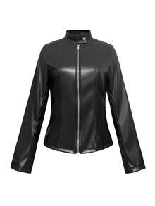 Women's Fashionable Casual Solid Color Long Sleeve Motorcycle Style Zipper PU Leather Jacket, Suitable For Spring, Autumn And Winter
