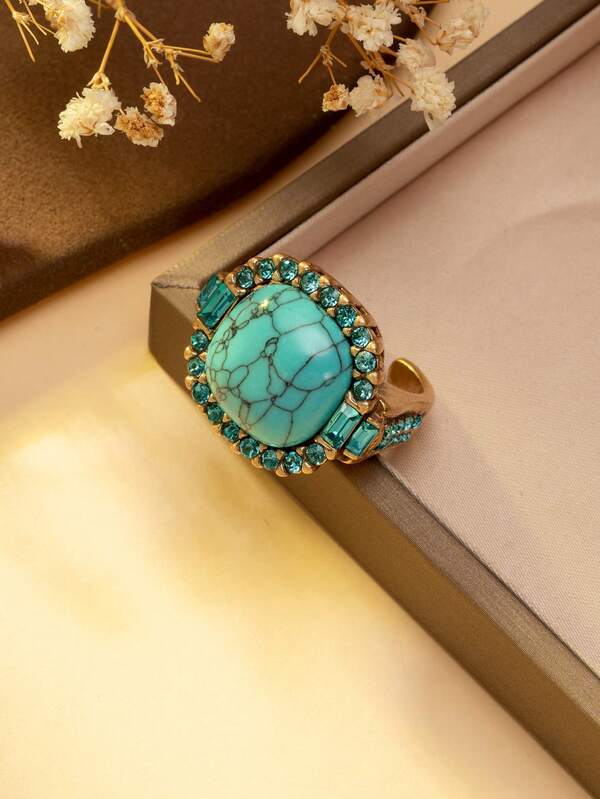 Vintage Gold-Tone Turquoise Gemstone Open Ring - Bohemian Style Blue-Green Turquoise Adjustable Open Ring - Rhinestone Inlaid Turquoise Adjustable Open Ring - Retro Baroque Style Turquoise Decor Ring - Bohemian Turquoise Adjustable Open Ring. Suitable For Bohemian Style Outfits: Pair With Fringe Maxi Dress, Print Tops To Create A Free-Spirited Bohemian Vibe.