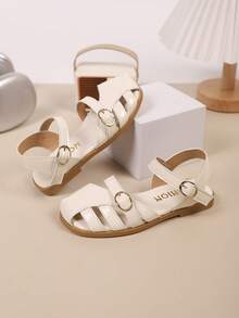 Girls' Outdoor Sandals, Summer New Style, Round Toe Hollow Rhinestone Sticker, Anti-Slip, Fashionable & Elegant, Children Flat Beach Sandals