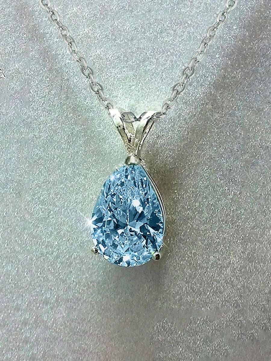 1pc Elegant Cubic Zirconia Pendant Necklace, Suitable As Valentine's Day Gift, Wedding, Engagement, Anniversary, Party Jewelry For Women - Baby Blue - View 1
