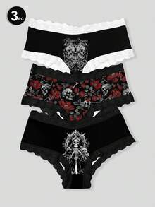 ROMWE 3pcs/Set Gothic Skull & Rose Lace Trim Women's Briefs Set - Multicolor - View 1
