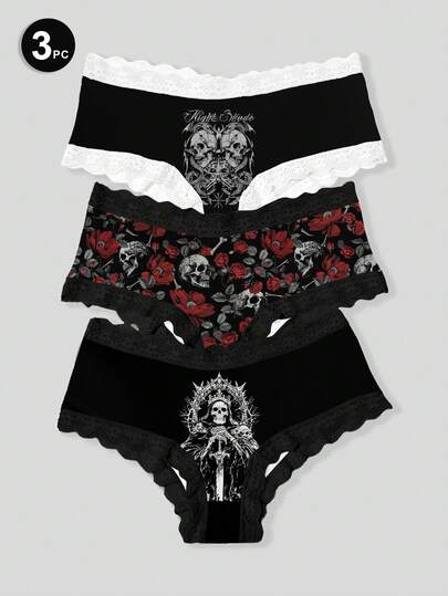 3 قطعة/مجموعة سراويل داخلية للنساء مزينة بالدانتيل بنقوش الجمجمة والوردة بطراز جوثيك