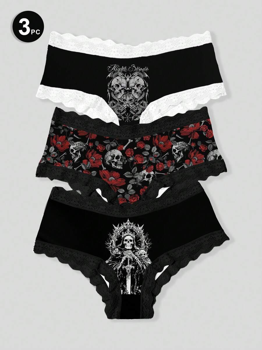 ROMWE 3pcs/Set Gothic Skull & Rose Lace Trim Women's Briefs Set - Multicolor - View 1