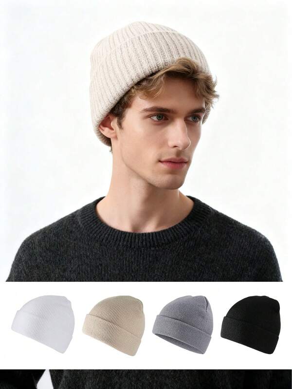 Gorro de inverno de cor sólida, gorro de tricô grosso para ciclismo, esportivo, à prova de vento e com proteção para as orelhas, em lã, adequado para uso diário por homens e mulheres, moderno e versátil.