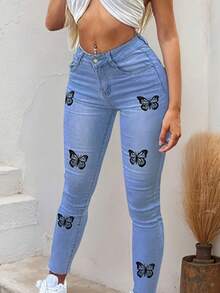 Women's Denim Jeans, Skinny Fit, Black With Butterfly Print, Fashionable And Slimming, Women's Clothing For Everyday Wear, Holiday Gifts, Christmas And New Year Outfits, Suitable For All Seasons. - Màu xanh nhạt - Xem 3