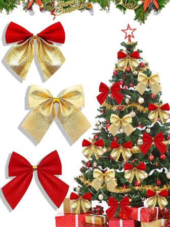 12 Peças Laço Decorativo para Presente de Natal, Itens de Decoração de Árvore de Natal, Disponível nas Cores Vermelho e Dourado, Adequado para Decoração de Natal, Embalagem de Presente e Entrega de Presentes de Festa, Decoração de Guirlanda Decorações de Natal para Casa Presentes de Natal Decoração de Natal