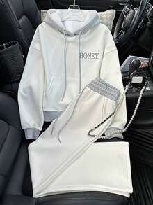 大码女装新款时尚休闲舒适灰白拼接撞色蜂蜜刺绣弹力腰两件套，纯色设计，适合秋冬季休闲、居家、日常、户外、通勤穿着。 - 白色 - 查看 7