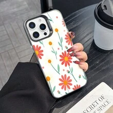 Colorful Silver Apple Phone CaseSeamless Pattern Of Pink And White Daisies With Green StemsCompatible With  11 To  17 Models The Cases Lens Protection Function Ensures The Camera Remains Undamaged During Shooting  Guaranteeing Image Quality - Black - View 2