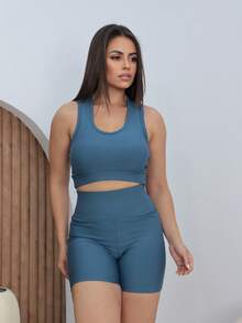 SHOWOFF Fitness Gym Set: Mid-Thigh Shorts With Top. - Serenity Blue - View 1