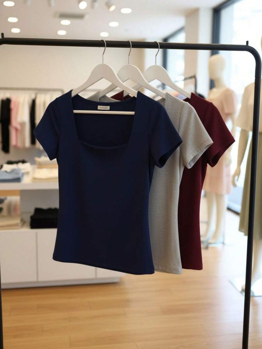Set Of 3 Women's Baby Look Blouses With Square Neckline, Short Sleeves, Basic Shaping, Versatile, Casual Fashion, No Transparency, Fabric With Elastane, , Blogger Style, Affordable - XANH ĐẬM-XÁM-VÀNG - Xem 1