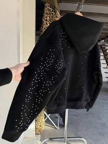 Gothic Starlight Rhinestone Print Hoodie Black Zip-Up Hoodie Long Sleeve Pullover Loose Fit Unisex Streetwear Suitable For Women And Men Four Seasons Casual Jacket - màu đen - Xem 1