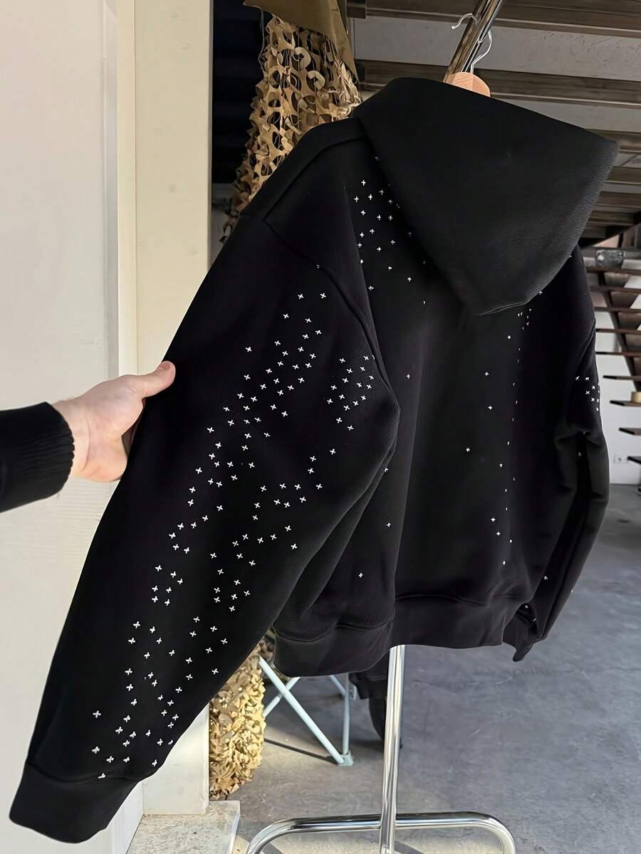 Gothic Starlight Rhinestone Print Hoodie Black Zip-Up Hoodie Long Sleeve Pullover Loose Fit Unisex Streetwear Suitable For Women And Men Four Seasons Casual Jacket - màu đen - Xem 1