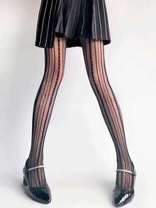 1 Pc Stockings Retro Stripe Thigh High Socks Women Romantic Sheer Tights Sexy Slim Fit For Home And Travel Daily Wear All Season Comfortable Stretchy Material Perfect Gift For Mother And Women Vintage Fashion Style - 黑色 - 查看 5