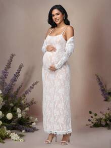 JustVH 2pcs Maternity Elegant Lace Long Sleeve Top And Lace Slip Dress Set, Suitable For Baby Shower, Party, Photo Shoot - White - View 6
