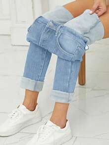 女士休闲直筒牛仔裤，带拉链，保暖内衬，中度弹力面料 - 淺色水洗藍 - 查看 3