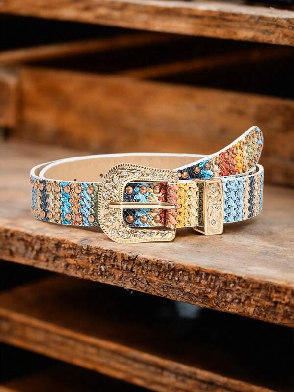 1 Stück eleganter, luxuriöser, mehrfarbig gewebter Gürtel mit Goldnieten und Kristall-Metallschnalle als Jeans-Accessoire