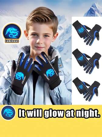 1 pereche de mănuși pentru copii, mănuși de schi fără degete reflectorizante calde de toamnă/iarnă, potrivite pentru băieți și fete, mănuși de ciclism cu deget întreg, model la modă cu căptușeală termică