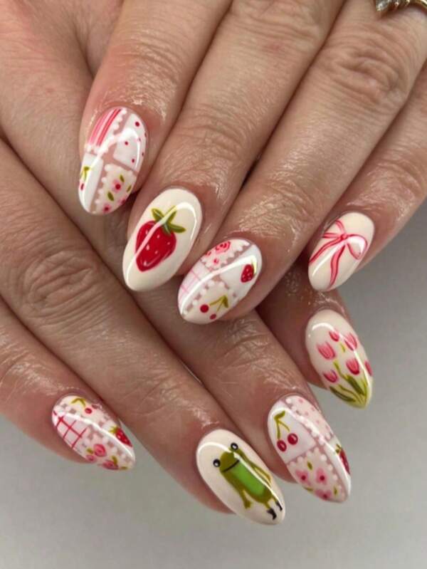 24Pcs Oval-Shaped False Nail Set, Sweet Strawberry Bow Cartoon Flower Pattern Diy Nail Decoration, Suitable For All Women And Ladies For Daily Dates, Work And Parties Press On Nails Nail Supplies Nails