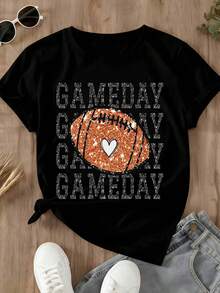 Gameday Football Heart Glitter Tee Women Black Sparkle Sports Shirt Casual Top Game Day Outfit Football Fan Apparel - 黑色 - 查看 2