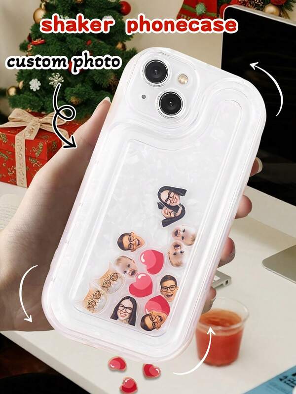 Personalized Shell Pattern Shaker Phone Case With Face Photo & Heart Charms-Fun Birthday Gift For IPhone Users, Family And Friends,Shaker Phone Case With Shaking Charms, Custom Family Photo, Custom Dad/Mom/Baby Face16 15 14 13 12 11 Pro Max