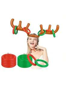 Decoración navideña: 1 pieza Collar inflable con astas y 4 aros inflables, decorado con cabeza de ciervo para fiestas navideñas, en colores aleatorios - Multicolor - Ver 4