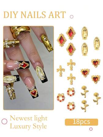 1 Box Gold Nail Gems, 3D Cross Nail Pendant, Heart Nail Rhinestones, Nail Jewelry Accessories For Nail Art Design