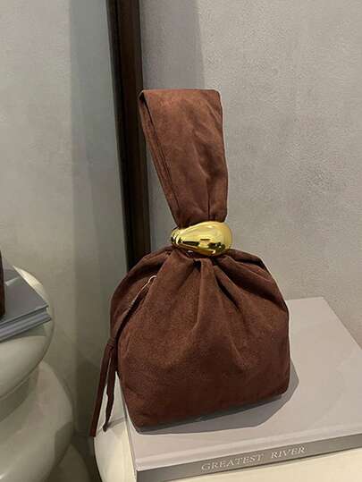 حقيبة كتف دلو مزخرفة بسحاب من الجلد المدبوغ ذات لون أحادي عتيق موضة 2025 الجديدة للنساء، حقيبة معصم، حقيبة يد مزينة بالمعدن