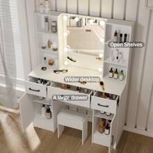 Modern Dressing Table Vanity Desk With LED Lighted Mirror, Stool, Drawers, Cabinet, Open Multi-Level Shelves, 3 Color Brightness Adjustable, Makeup Vanity Desk Set LED Mirror For Girls Bedroom - Christmas Holiday Gift, Thanksgiving Gift - White - View 6