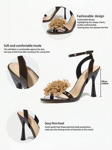 Women's High Heel Shoes With 3D Coral Flower Decor, Square Toe, Electroplated Black Slim High Heel, Solid Color, Glossy Texture, Comfortable Material, Spring/Summer, Suitable For Night Club, Party, Travel, Shopping, Gathering, Runway, Banquet, Elegant, Sexy, Avant-Garde, Luxurious, Coffee Brown, Elegant High Heel Sandals - Coffee Brown - View 6