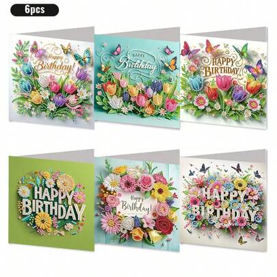 6张DIY钻石画贺卡套装，生日主题明信片，花卉蝴蝶设计，生日祝福卡（含6个信封），是向长辈、家人和朋友表达温暖美好祝福的理想之选，手写表达爱意的钻石画卡片明信片，是表达真挚情感的最佳礼物。
