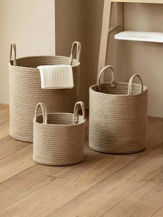 1pc Foldable Woven Laundry Basket With Handle, Handmade, Large Capacity, Multipurpose Round Storage Basket, Khaki Color, 2 Sizes Available, Suitable For Storing Clothes, Blankets, Toys, Holiday Items, Home Decor, Applicable To Laundry Room, Bathroom, Bedroom, Living Room, Hallway, Etc.