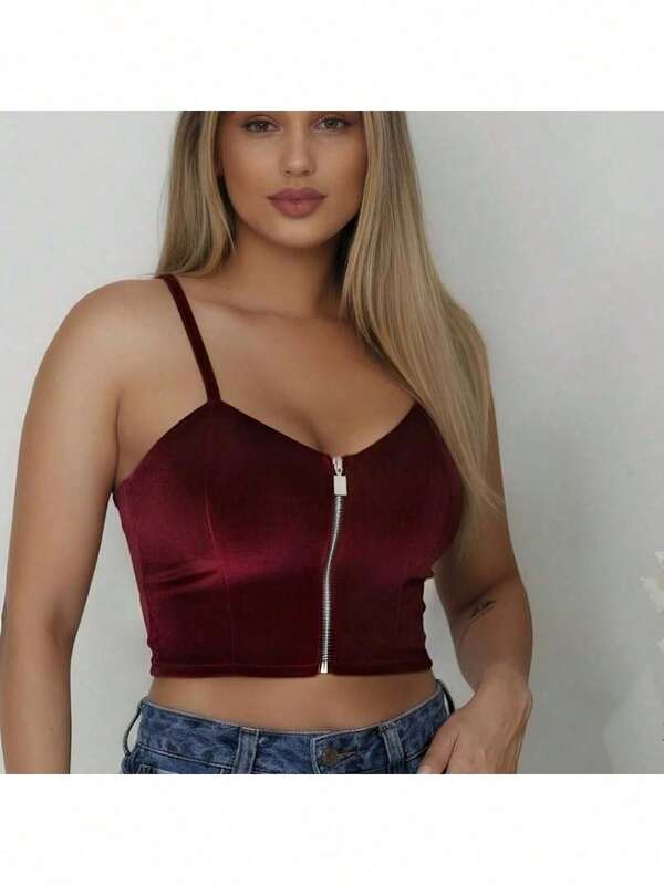 Cropped De Veludo Com Bojo e Zíper