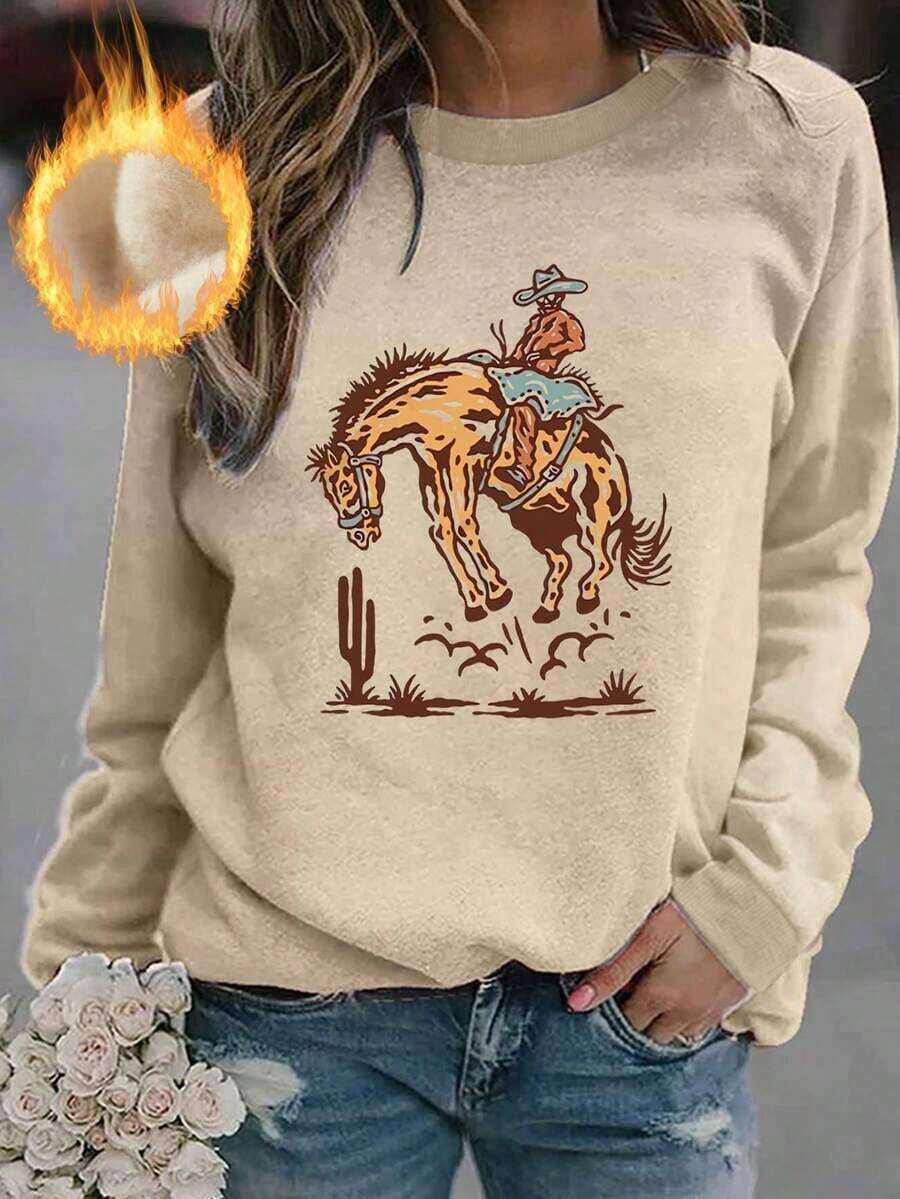 Winter Clothes For WomenWomen's Casual Simple Western Cowboy Element Print Round Neck Sweatshirt,Long Sleeve TopsLoose And Comfortablewinter Clothes For Women Christmas Outfit Women - 杏色 - 查看 1