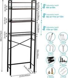 4-Tier Over Toilet Bathroom Organizer Shelf Adjustable Bathroom Shelf Over Toilet With Paper Holder And 4 Hooks, Brown - màu đen - Xem 3